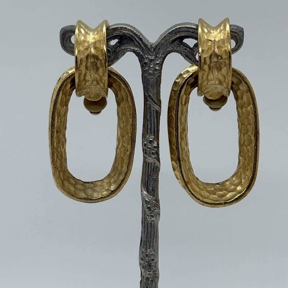 Vintage Textured Gold Tone Givenchy Logo Runway Statement Earrings Oval Hoops